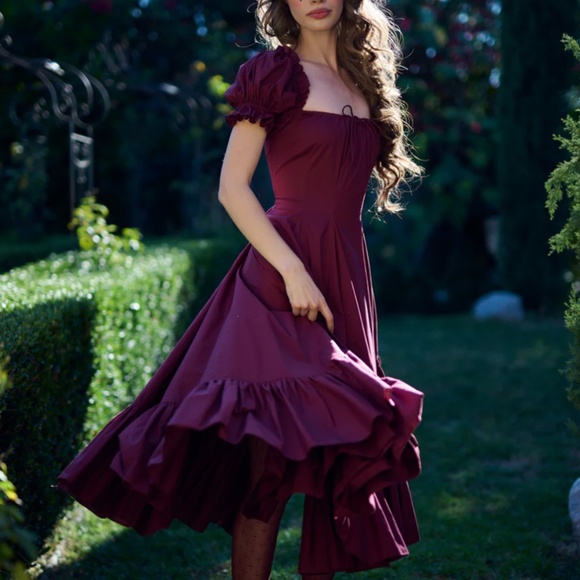 NEW Selkie The Bordeaux Foxglove Lace Up Midi Cotton Dress - Burgundy Wine Red - Picture 5 of 11
